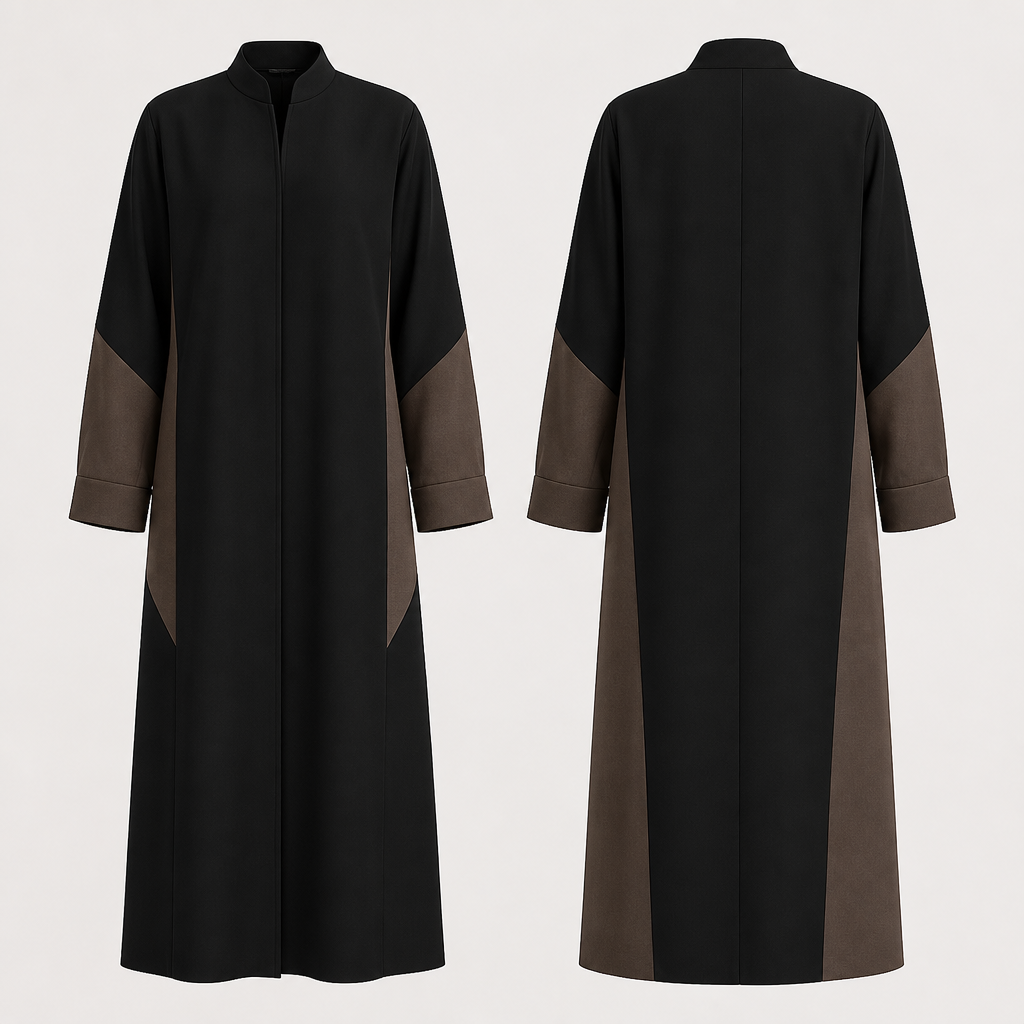 8. Modern black university abaya with soft mocha-brown geometric panels on the lower sleeves and side seams, straight relaxed silhouette, clean structured cuffs, sophisticated youthful design, subtle colors, not flared, not a dress, front and back view.
photorealistic fashion design, 8. Modern black university abaya with soft mocha-brown geometric panels on the lower sleeves and side seams, straight relaxed silhouette, clean structured cuffs, sophisticated youthful design, subtle colors, not flared, not a dress, front and back view., just the design no text, show front and back