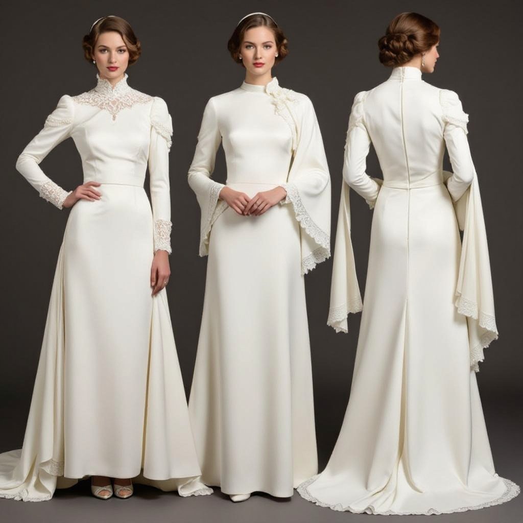 wedding dress of a star
Vintage fashion: Vintage wedding dress of a star, white silk, high neckline, long sleeves, lace trim, floor-length, elegant.