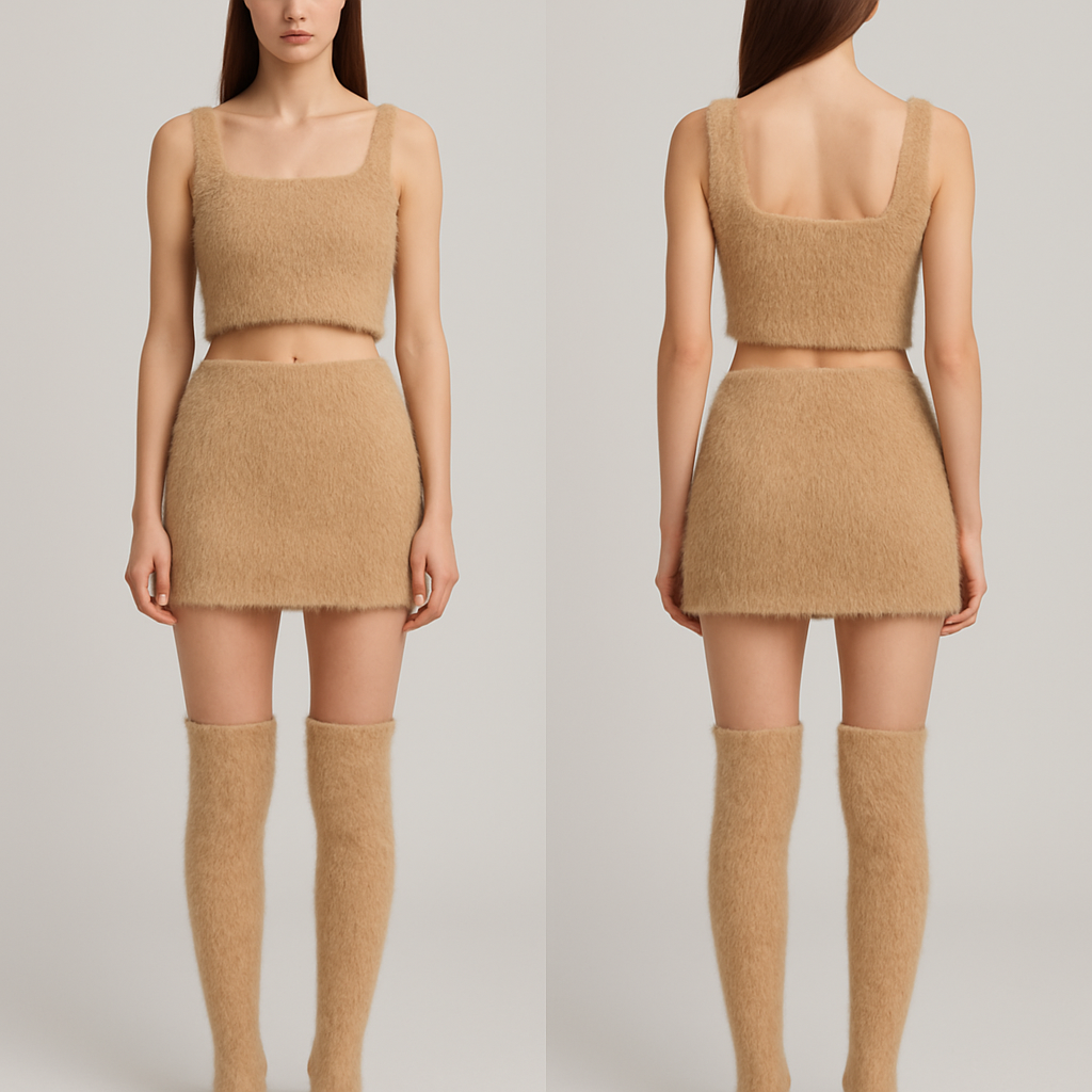 Một mẫu thiết kế có vớ dài từ trên đầu gối xuống chân bằng lông mịn phần váy hình chữ nhật ngang mỏng và phần áo hình chữ nhật ngang nhỏ và áo và váy đều có chất liệu lông mịn như vớ

Một mẫu thiết kế có vớ dài từ trên đầu gối xuống chân bằng lông mịn phần váy hình chữ nhật ngang mỏng và phần áo hình chữ nhật ngang nhỏ và áo và váy đều có chất liệu lông mịn như vớ, designer style, show front and back