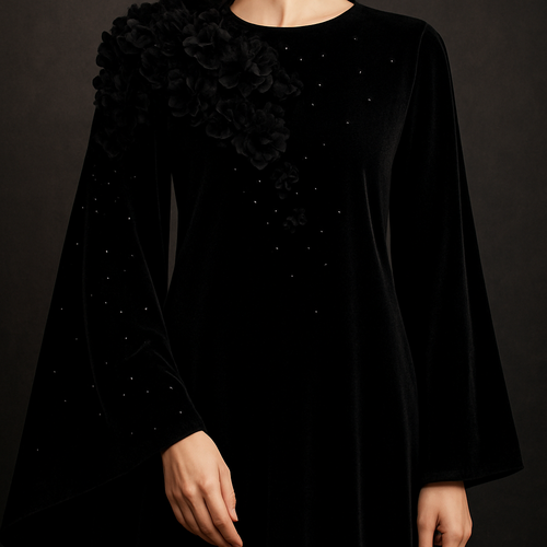 The Velvet Midnight Bloom Abaya
Tone: Deep velvet black
Fabric: Heavy velvet–crepe blend
Design:
A dense cluster of 3D velvet flowers around the neckline flowing softly across one sleeve.
Embellishment:
Black Swarovski stones scattered like stars.
Vibe:
Royal, powerful, and irresistibly classy.