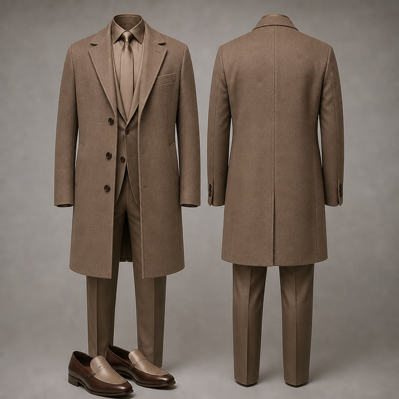 Add a moca three button down lapel coat .
edit the attached fashion design with these instructions: Add a moca three button down lapel coat .. keep it photorealistic, just the design no text