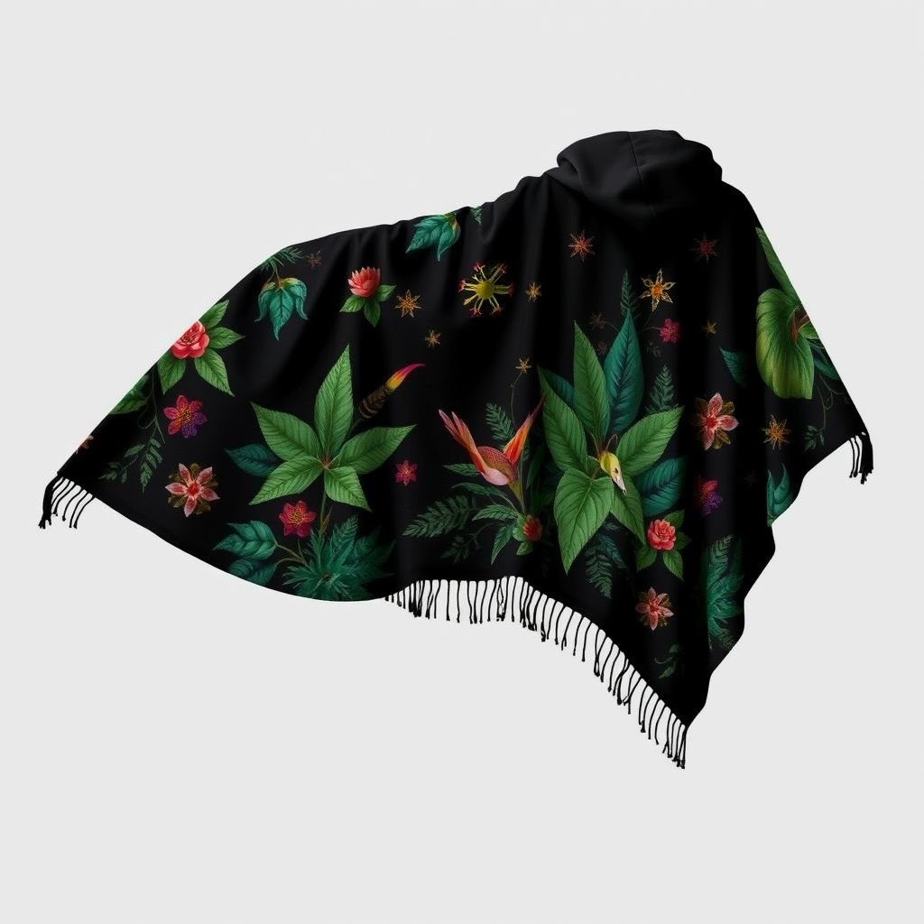A black boho poncho for man which is handpainted of jungle
Design a mesmerizing black boho poncho for men, hand-painted with intricate jungle motifs. Embellished with vibrant greens, exotic florals, and hidden wildlife, the poncho drapes elegantly, blending comfort and artistry. Accentuate with fringed edges and a hood, merging nature-inspired aesthetics with bohemian flair, ideal for adventurous souls and urban wanderers alike.