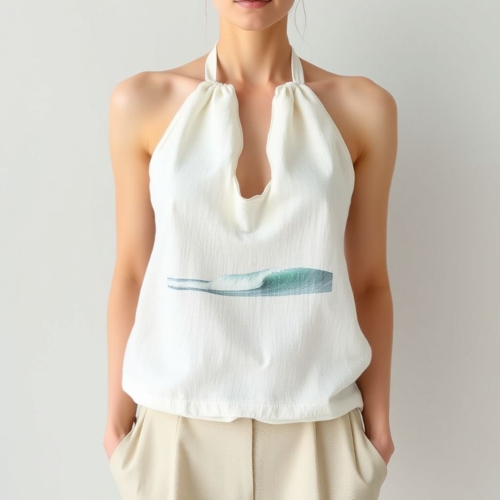 Linen halter top with a photo print of a wave
Design a minimalist linen halter top that seamlessly blends elegance and simplicity. The crisp, neutral fabric features a subtle, oversized photo print of a tranquil wave, representing serenity. The straightforward silhouette enhances the top’s clean lines, embodying a refined aesthetic. Pair it with tailored shorts for a chic, effortless look.