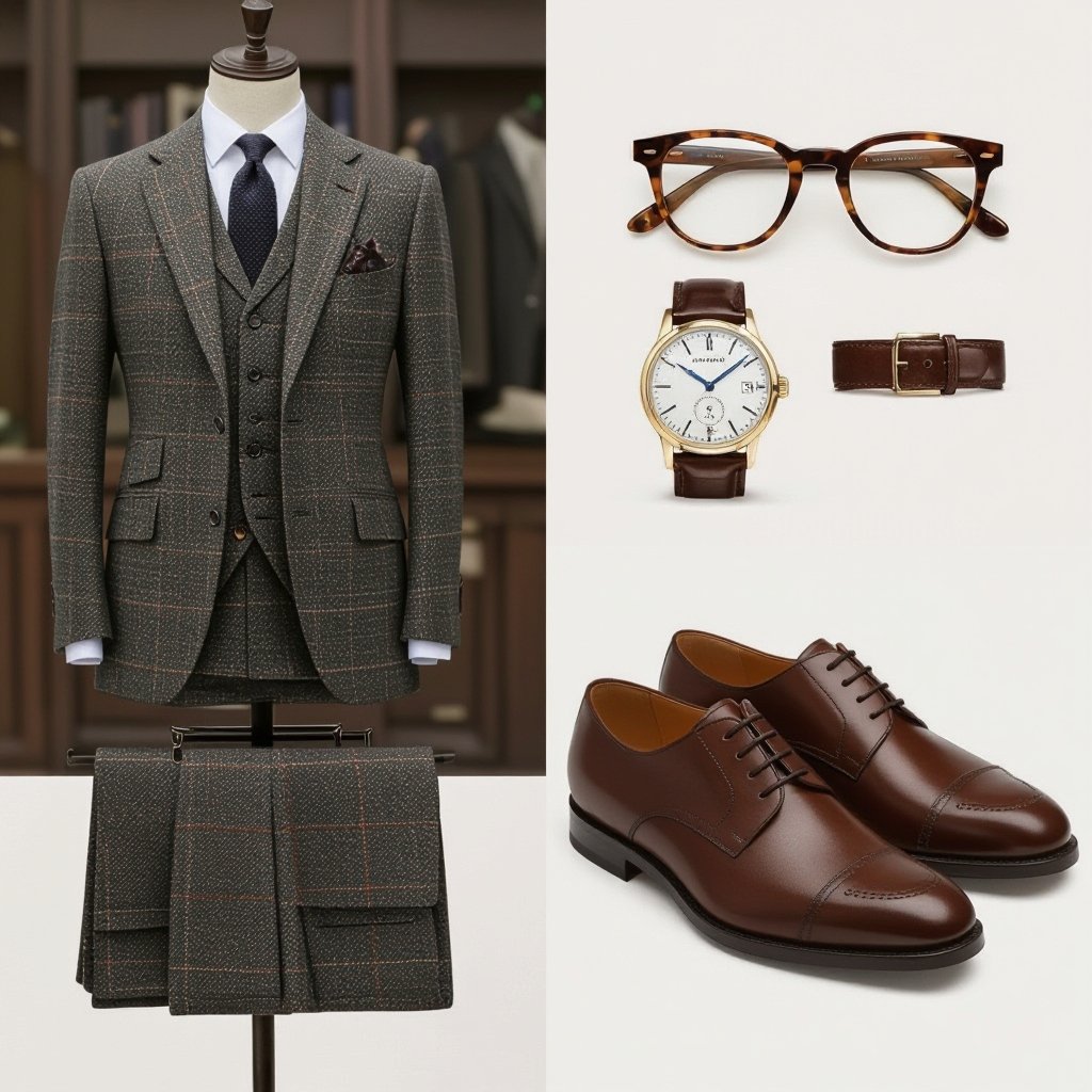 طقم أنثوي تيور Old money
Geek Chic fashion: Elegant two-piece suit. Sharp tailoring, classic tweed fabric. Smart glasses, a vintage watch, and polished leather loafers complete the look.
