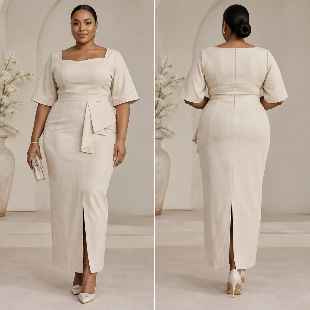 A Female Dress design, made of Linen, with a soft, cosy hand, with a Fitted silhouette, in a Neutrals color palette, for Formal, suitable for Summer, in Formal + Monochrome style, shown on a model with brown skin and a plus-size figure. Nigeria fashion aesthetics. Present it as professional fashion catalogue photography: the garment is the subject, shown full-length with editorial styling, neutral posing and tasteful, non-suggestive framing.
photorealistic fashion design, A Female Dress design, made of Linen, with a soft, cosy hand, with a Fitted silhouette, in a Neutrals color palette, for Formal, suitable for Summer, in Formal + Monochrome style, shown on a model with brown skin and a plus-size figure. Nigeria fashion aesthetics. Present it as professional fashion catalogue photography: the garment is the subject, shown full-length with editorial styling, neutral posing and tasteful, non-suggestive framing., formal style, just the design no text, show front and back
