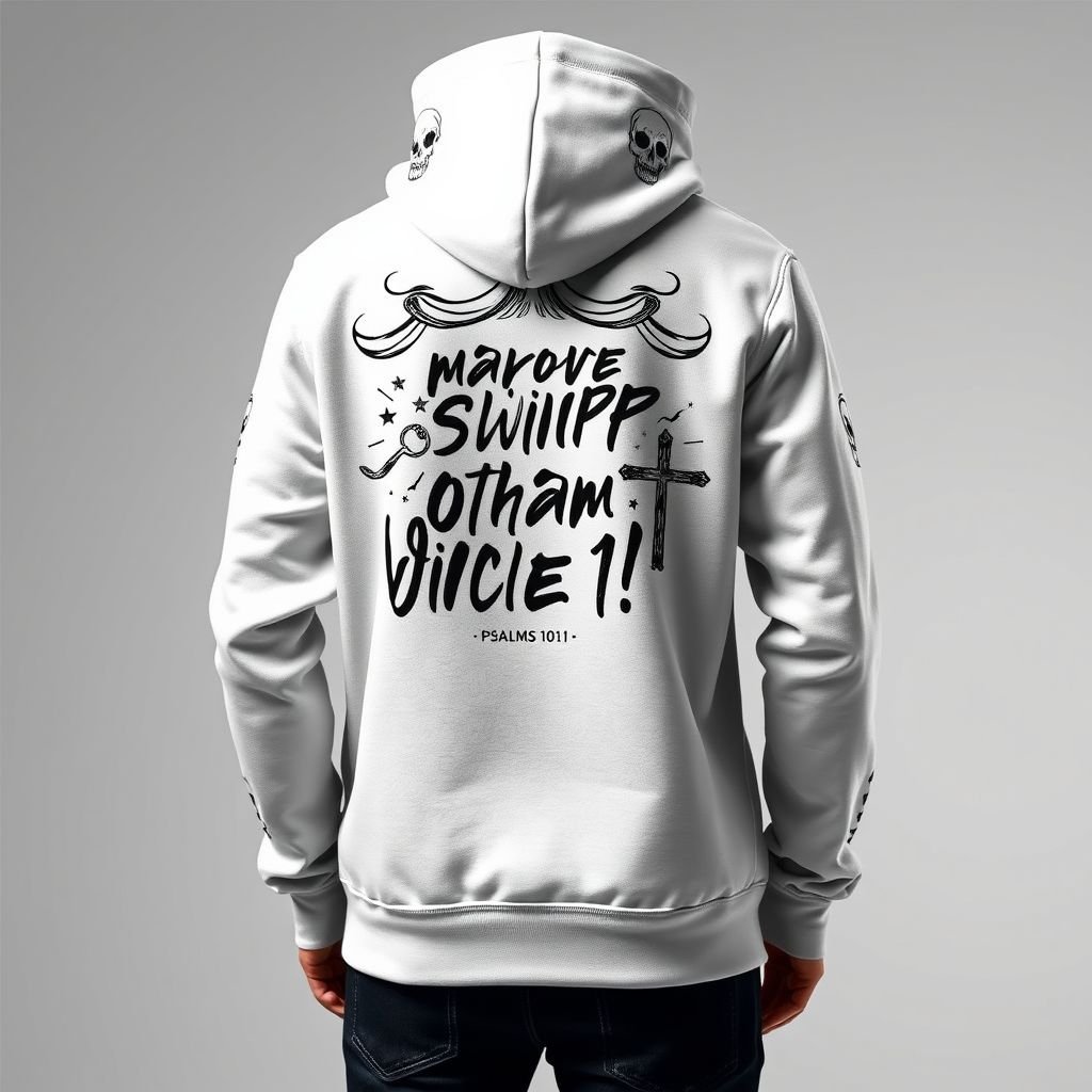 A Zip up hoodie with a cross on the right hand side in the front of the hoodie. “The LORD said unto my Lord, Sit thou at my right hand, until I make thine enemies thy footstool.” Psalms 110:1 on the back in a design.
Imagine an ultra-modern zip-up hoodie crafted from organic cotton, featuring a minimalist cross delicately embroidered on the right front. Inspired by streetwear, the back showcases an artistic, graffiti-style typography of Psalms 110:1, blending religious symbolism with urban fashion. The hoodie incorporates sleek, skull-like graphics, appealing to edgy aesthetics while promoting inspiration.