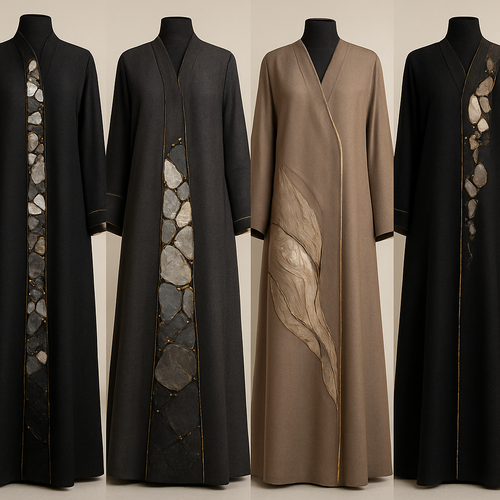 Create a modest abaya that's the first of its kind, featuring a unique stone design that exudes a classy and sophisticated vibe. I'd like four designs, each showcasing different styles and fabrics.
Incorporate high-end, unique chic stone designs to make them truly special. Add a little sophisticated stone work to it.