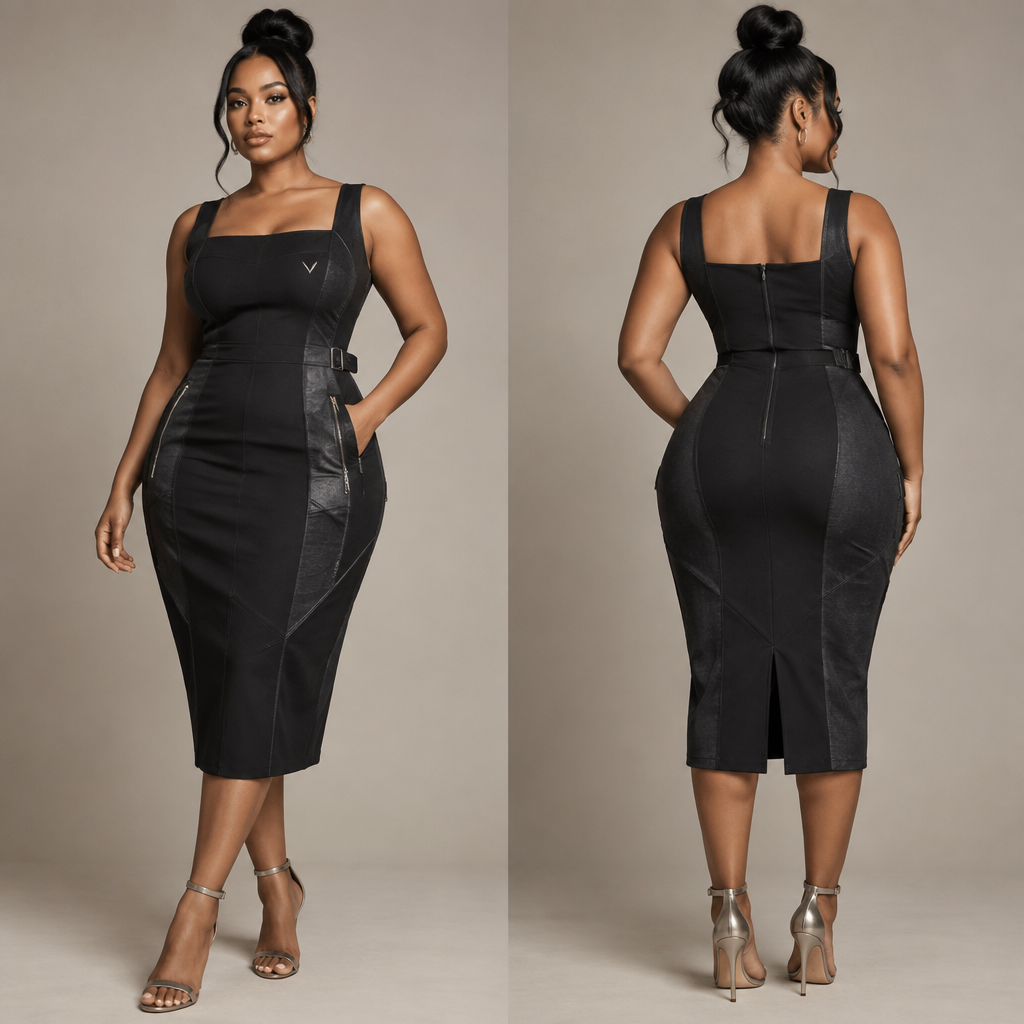 A Female Dress design, made of Linen, with a rich, textured surface, in a Bold & Bright color palette, for Date Night, in Glamorous + Classic + Vintage style, shown on a model with a curvy figure. Create a premium VANTA women's streetwear dress with a modern fitted silhouette and a slightly relaxed, structured feel. Use high-quality matte black fabric with subtle charcoal panels and clean architectural seam lines. Add a small VANTA logo on the upper chest and a subtle metallic-silver “BEYOND ORDINARY” detail near the lower side. Include functional utility-inspired details such as discreet zip pockets and refined silver hardware. The design should feel futuristic, confident, urban, minimal, and luxurious while remaining comfortable and wearable. No excessive patterns or decorations. Make the garment look like a real high-end fashion product with realistic fabric texture, stitching, construction, and professional studio presentation.. South Africa fashion aesthetics. Present it as professional fashion catalogue photography: the garment is the subject, shown full-length with editorial styling, neutral posing and tasteful, non-suggestive framing.
photorealistic fashion design, A Female Dress design, made of Linen, with a rich, textured surface, in a Bold & Bright color palette, for Date Night, in Glamorous + Classic + Vintage style, shown on a model with a curvy figure. Create a premium VANTA women's streetwear dress with a modern fitted silhouette and a slightly relaxed, structured feel. Use high-quality matte black fabric with subtle charcoal panels and clean architectural seam lines. Add a small VANTA logo on the upper chest and a subtle metallic-silver “BEYOND ORDINARY” detail near the lower side. Include functional utility-inspired details such as discreet zip pockets and refined silver hardware. The design should feel futuristic, confident, urban, minimal, and luxurious while remaining comfortable and wearable. No excessive patterns or decorations. Make the garment look like a real high-end fashion product with realistic fabric texture, stitching, construction, and professional studio presentation.. South Africa fashion aesthetics. Present it as professional fashion catalogue photography: the garment is the subject, shown full-length with editorial styling, neutral posing and tasteful, non-suggestive framing., glamorous style, just the design no text, show front and back