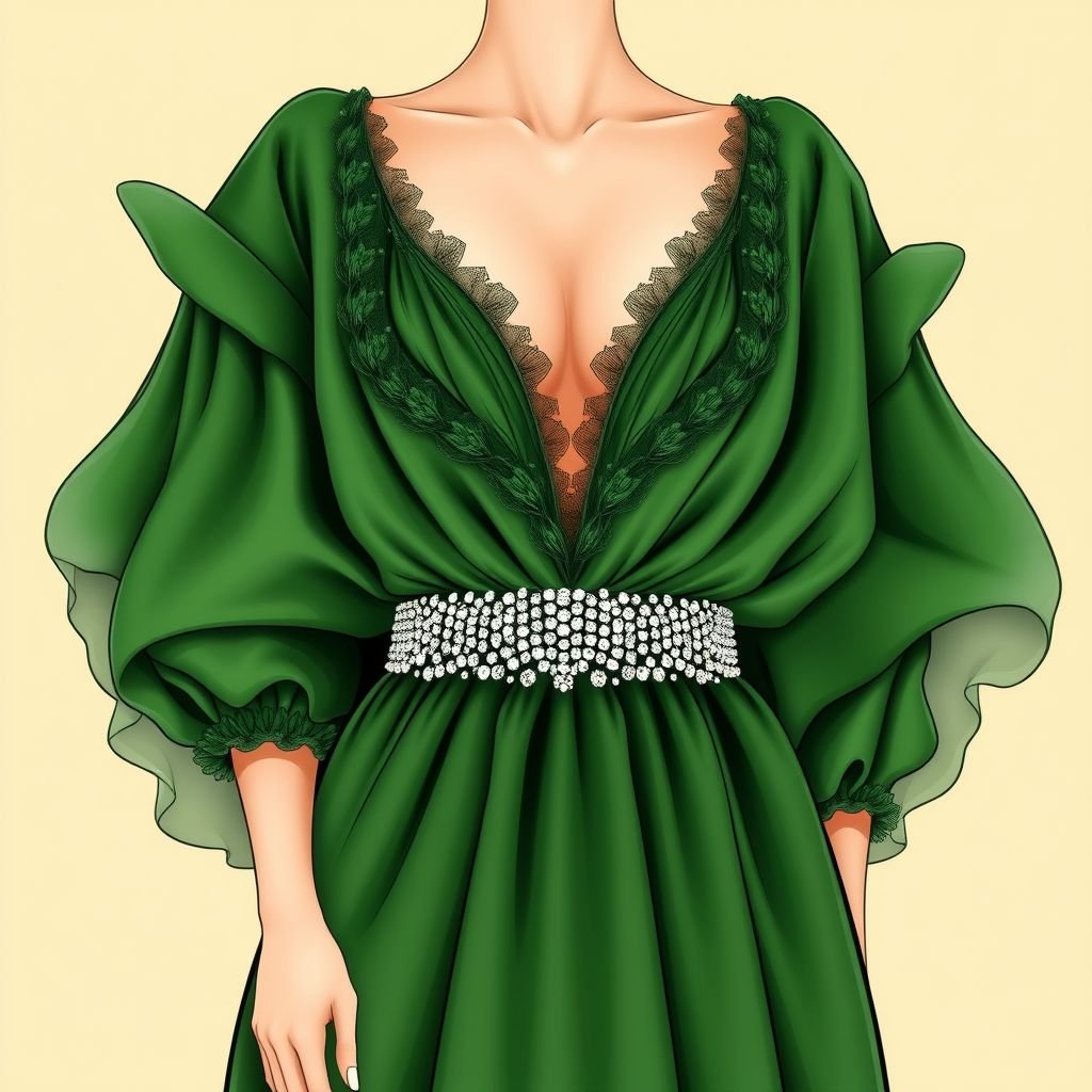 Create a woman’s kaftan that would wow. Add layers of fabric to create a big skirt. Give it a low neckline, and a monochrome hunter green color. Add details of ruched tulle and an accent of 6 inches ab crystals on a gold and green base to create a luxurious detail to the dress. The base fabric is duchess satin in hunter green
Design an exquisite haute couture women's kaftan, showcasing a cascading silhouette with opulent layers of duchess satin in rich hunter green. Emphasize a dramatic low neckline, adorned with intricate ruched tulle accents. Highlight the luxurious waistline with a stunning 6-inch band of shimmering crystals against a seamless gold-green base, creating a breathtaking statement piece that epitomizes elegance.