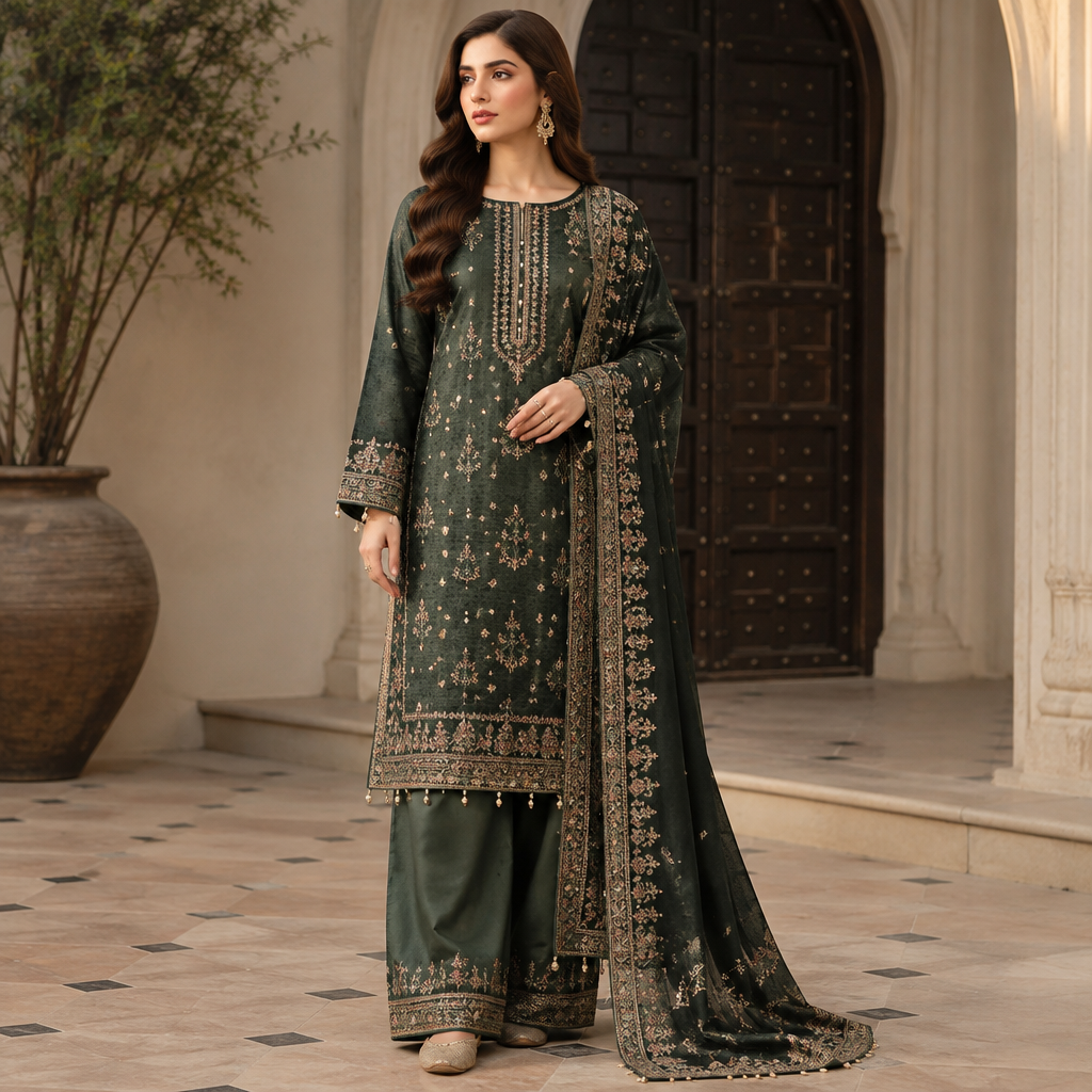 A Female Salwar Kameez design. Consider Pakistani fashion — shalwar kameez, gharara, sharara; lawn fabrics, chiffon; intricate embroidery and mirror work. Current season is Autumn in Pakistan. Present it as professional fashion catalogue photography: the garment is the subject, shown full-length with editorial styling, neutral posing and tasteful, non-suggestive framing.
photorealistic fashion design, A Female Salwar Kameez design. Consider Pakistani fashion — shalwar kameez, gharara, sharara; lawn fabrics, chiffon; intricate embroidery and mirror work. Current season is Autumn in Pakistan. Present it as professional fashion catalogue photography: the garment is the subject, shown full-length with editorial styling, neutral posing and tasteful, non-suggestive framing., just the design no text