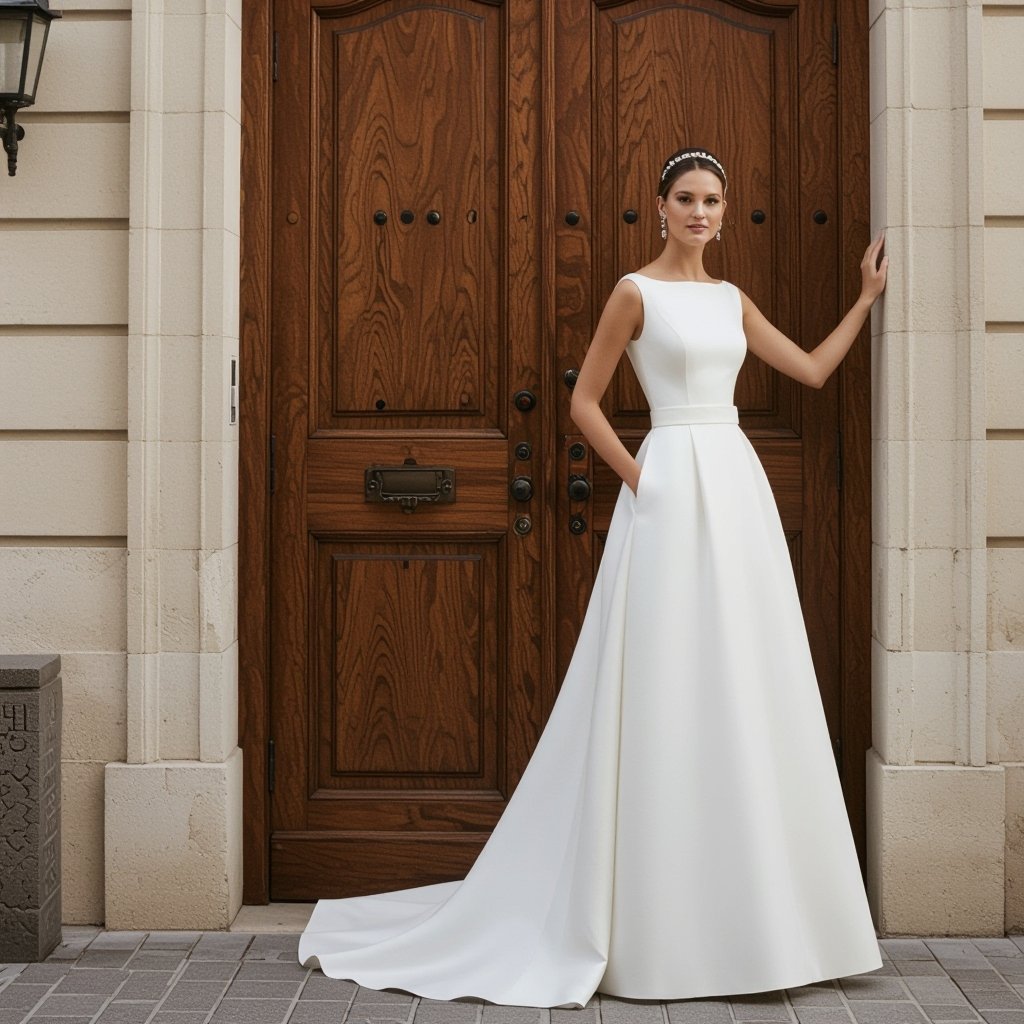 Huge white Wedding dress
Preppy fashion: Huge white cotton wedding dress, classic A-line, bateau neckline.