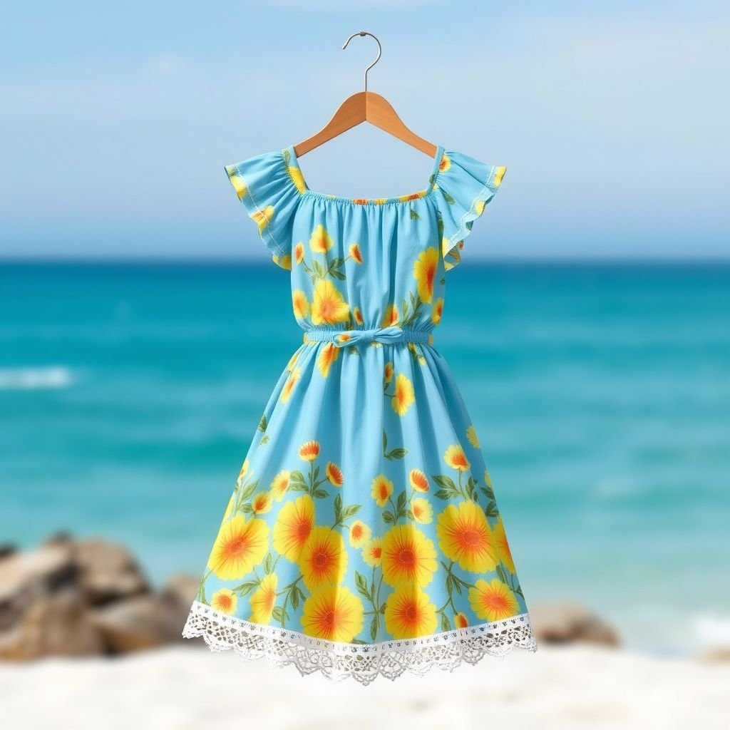 שמלת קיץ קצרה
Design a playful short summer dress infused with bohemian flair, featuring a vibrant floral print in shades of sunlit yellow and ocean blue. The dress has a lightweight, breezy fabric with ruffled sleeves and a cinched waist, perfect for twirling in the sun. Add delicate lace trim for an ethereal touch.