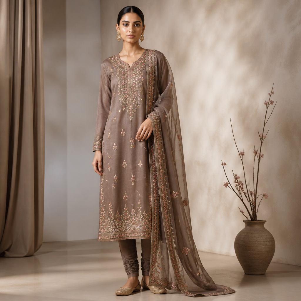 A Female Dress design, suitable for Fall. “Can you turn this into a churidar and suggest a churidar design for me?. India fashion aesthetics. Present it as professional fashion catalogue photography: the garment is the subject, shown full-length with editorial styling, neutral posing and tasteful, non-suggestive framing.
photorealistic fashion design, A Female Dress design, suitable for Fall. “Can you turn this into a churidar and suggest a churidar design for me?. India fashion aesthetics. Present it as professional fashion catalogue photography: the garment is the subject, shown full-length with editorial styling, neutral posing and tasteful, non-suggestive framing., just the design no text