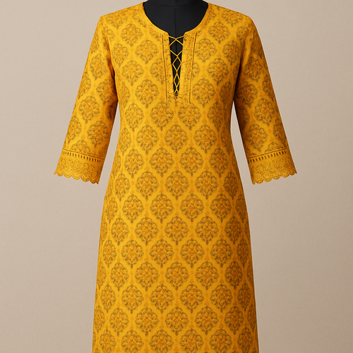 Yellow block print kurti with laced neck and sleeves