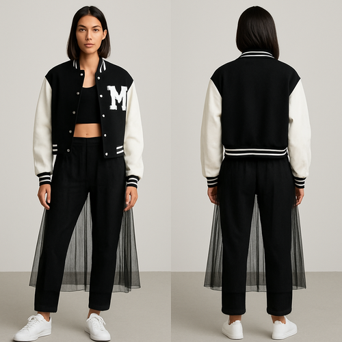 A crop top with some pants a see through skirt over the pants and a letters men jacket and tennis shoes 