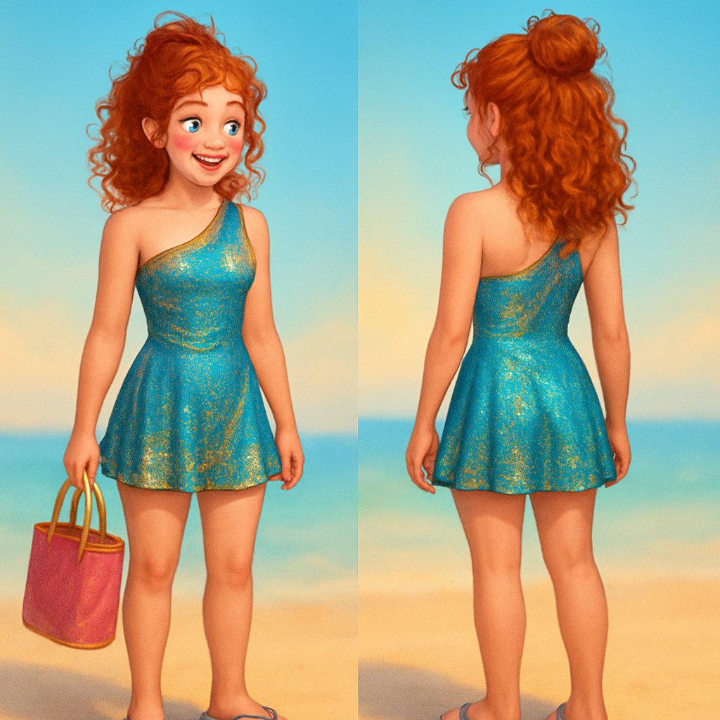 A one strap, shoulder, bathing suit, covered and blue and gold, finish, golden and shining with blue silk and a matching pool skirt with adorable blue and gold flip-flops and a pink and gold beach bag this swimsuit shines in the sun and looks like a dream. The girl wearing it is shy, but outgoing has red hair and curly hair pull back in half a half down bun with a look of excitement on her face.
A one strap, shoulder, bathing suit, covered and blue and gold, finish, golden and shining with blue silk and a matching pool skirt with adorable blue and gold flip-flops and a pink and gold beach bag this swimsuit shines in the sun and looks like a dream. The girl wearing it is shy, but outgoing has red hair and curly hair pull back in half a half down bun with a look of excitement on her face., summer style, show front and back