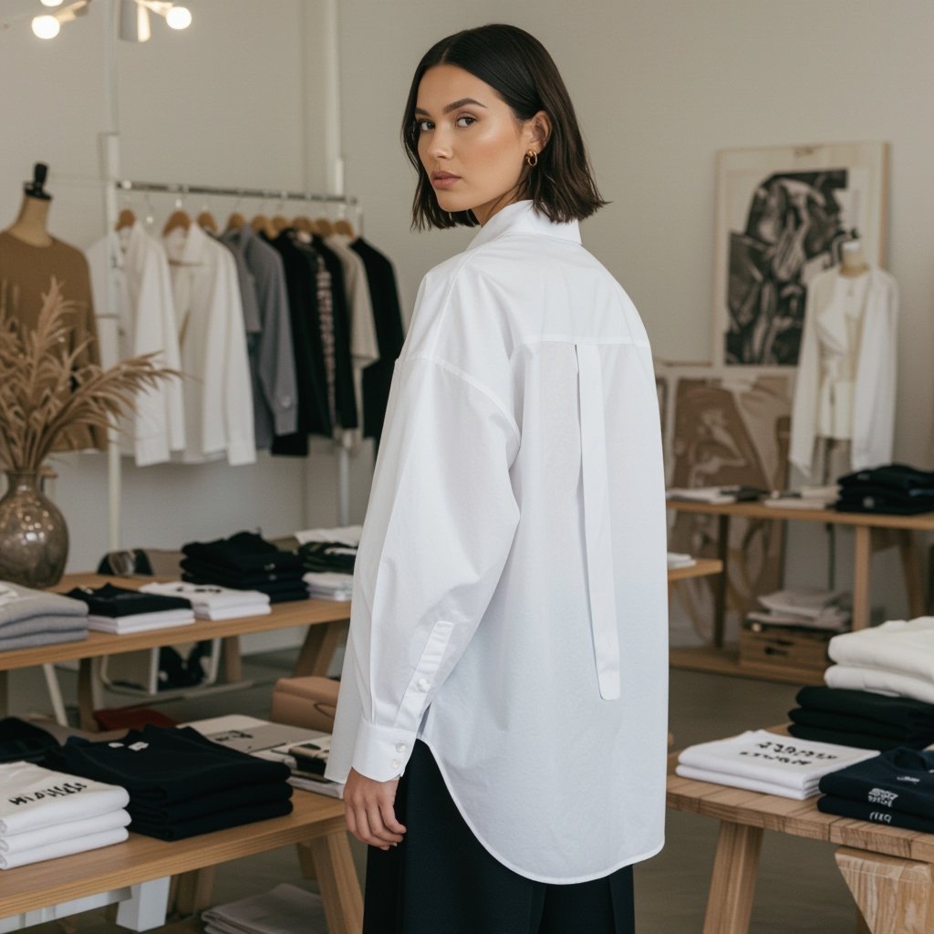 A big shirt, that has an extended shoulder, with visible loops on the side that can be adjusted and also worn as casual and corporate and has balloon sleeves with a picture of how the back will look
A voluminous cotton shirt, with dropped shoulders, adjustable side loops, and balloon sleeves. Features a curved back hem for a relaxed yet professional look.