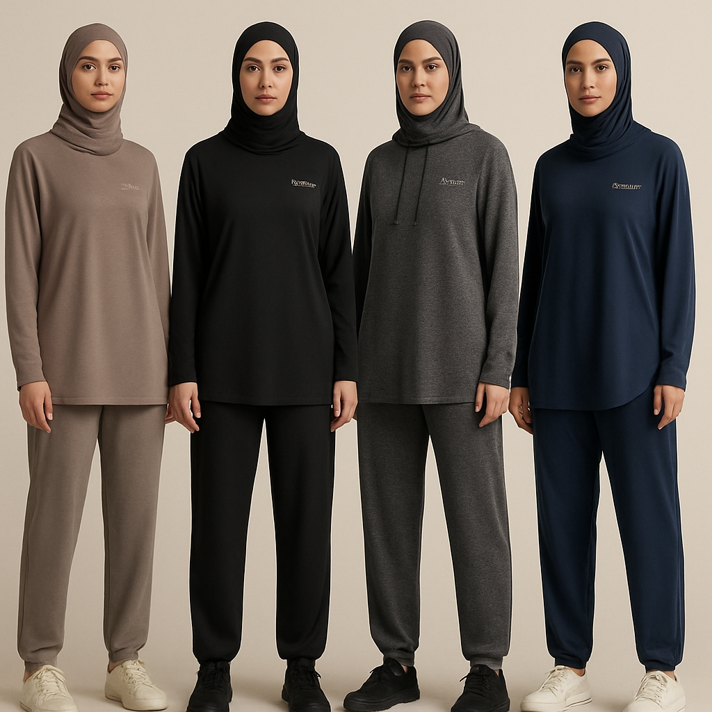 Create a revolutionary women's modest loose gym wear brand called "Modest Fleur". Display the brand name on the in a unique design on the upper right side, in small thick writing that exudes a classy and sophisticated vibe. I'd like four designs, each showcasing different styles and fabrics, with high-end, chic designs to make them truly special. Making it first design in the world
Create a revolutionary women's modest loose gym wear brand called "Modest Fleur". Display the brand name on the in a unique design on the upper right side, in small thick writing that exudes a classy and sophisticated vibe. I'd like four designs, each showcasing different styles and fabrics, with high-end, chic designs to make them truly special. Making it first design in the world