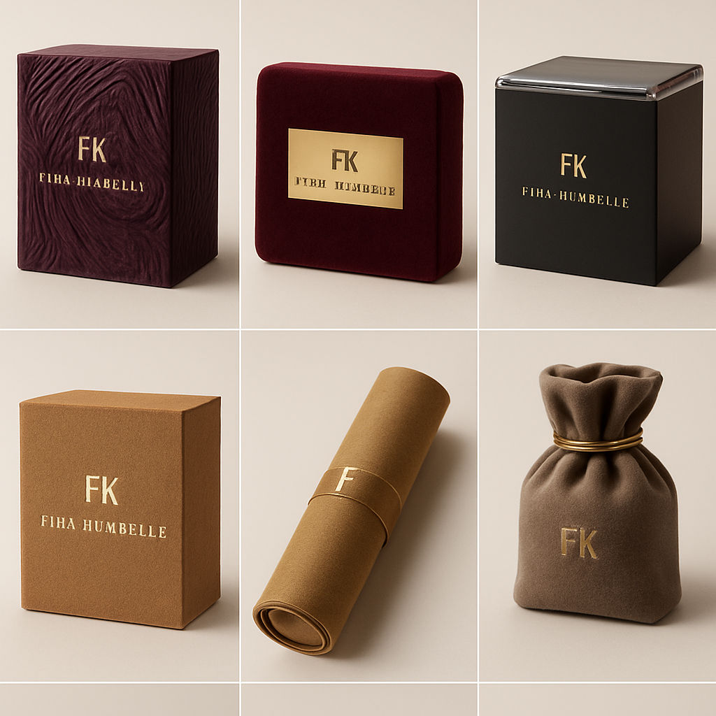 FIMA KAMBELLE clothing brand packaging
1. Sculpted art boxes with carved textures in deep plum or obsidian.
2. Velvet-wrapped cases with gold metal nameplates.
3. Matte boxes with crystal-edge lids for a luxe reveal.
4. Sand-pressed textured boxes in rich, earthy tones.
5. Silk-wrapped scroll tubes for scarves and accessories.
6. Suede pouches with metallic cords and minimal FK branding.
7. Seamless magnetic capsules for a modern, couture feel.
FIMA KAMBELLE clothing brand packaging
1. Sculpted art boxes with carved textures in deep plum or obsidian.
2. Velvet-wrapped cases with gold metal nameplates.
3. Matte boxes with crystal-edge lids for a luxe reveal.
4. Sand-pressed textured boxes in rich, earthy tones.
5. Silk-wrapped scroll tubes for scarves and accessories.
6. Suede pouches with metallic cords and minimal FK branding.
7. Seamless magnetic capsules for a modern, couture feel.
