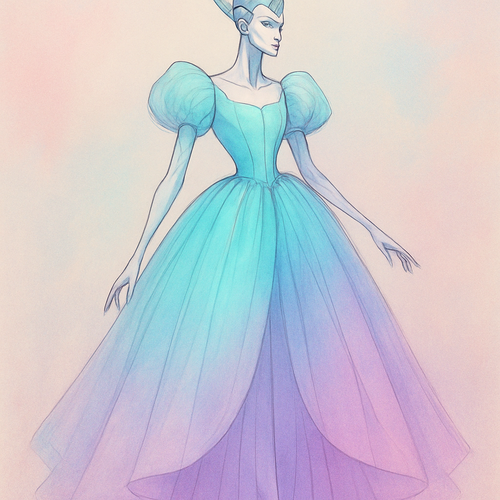 I would like a fairy tale dress with degradation color from turquoise to purple inn pastel colors with model futurist draw with exceptional style new creative