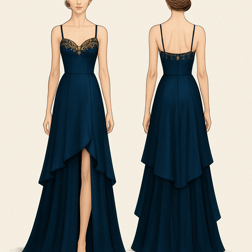 A slim, silk, midnight blue bodice with gold highlights at the top with a flow skirt of three layers with a deeper midnight blue colour that drops from the chest on the front to just below the but on the back with a slit on the front from just above the knees to the floor and make the bodice and the skirt separated 



