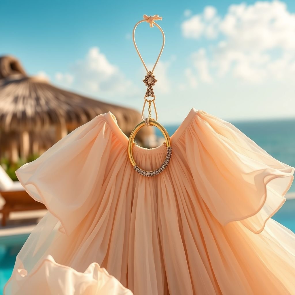 Resort wear with a very full gathered circle dress, backless and with a halter held by straps that connect with a 6 inch ring at the top of the chest and straps around the neck
Imagine a luxurious resort wear piece in exquisite haute couture style: a voluminous, full gathered circle dress, crafted from layers of silk chiffon, features an alluring backless design. Delicate halter straps connect to an opulent 6-inch gold ring at the chest, complemented by intricate beading, exuding glamour and sophistication for sun-drenched soirees.