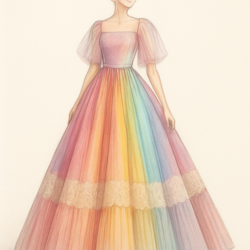 I want an organza fabric at the top of a colorful princess dart gown and lace fabric with pleats at the sleeves and at around the knee all the way to the floor 
