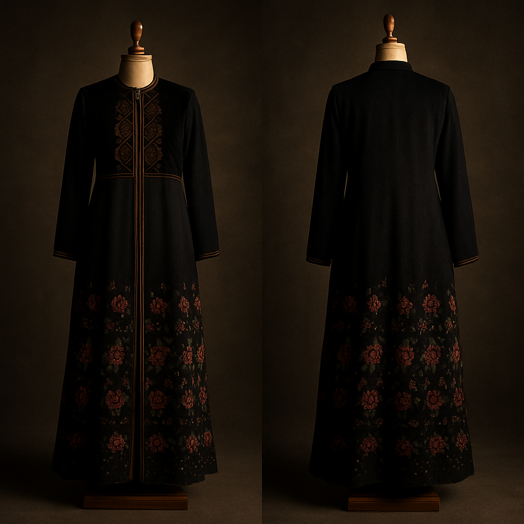 3) Split Heritage Coat
"Layered heritage abaya: short dark velvet front chest panel over a long silk‑crepe closed abaya, chest panel embroidered with northern geometric motifs and fine gold piping, lower skirt decorated with repeating Pakistani rose clusters and small pearl accents in bands down to the hem, balanced embroidery scale (chest motifs medium, skirt roses 3–6 cm), luxe materials (velvet + crepe), full design visible to the ankle, displayed on a handcrafted wooden mannequin, photorealistic, rich texture, cinematic studio light, full‑body composition."
3) Split Heritage Coat
"Layered heritage abaya: short dark velvet front chest panel over a long silk‑crepe closed abaya, chest panel embroidered with northern geometric motifs and fine gold piping, lower skirt decorated with repeating Pakistani rose clusters and small pearl accents in bands down to the hem, balanced embroidery scale (chest motifs medium, skirt roses 3–6 cm), luxe materials (velvet + crepe), full design visible to the ankle, displayed on a handcrafted wooden mannequin, photorealistic, rich texture, cinematic studio light, full‑body composition."
, show front and back