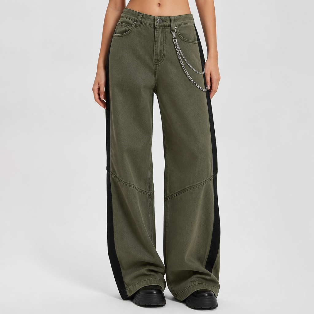 A Female Pants design, suitable for Summer, in Gen Z style. army coloured baggy jeans with chains as assesories with black strips by the sides. Design with modest coverage.
photorealistic fashion design, A Female Pants design, suitable for Summer, in Gen Z style. army coloured baggy jeans with chains as assesories with black strips by the sides. Design with modest coverage., gen_z style, just the design no text