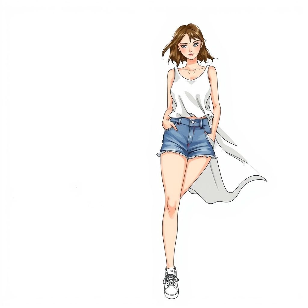 A sleeveless blouse with wavy ends and elastic midsection
Design a casual fashion ensemble featuring a sleeveless blouse with flowing, wavy hems that evoke a laid-back summer vibe. The blouse should have a comfortable, elastic midsection for a relaxed fit, complemented by light, breathable fabrics. Pair it with high-waisted denim shorts and minimalist sneakers for effortless, stylish comfort.