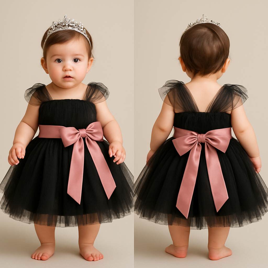 1歳の女の子のベビードレス着用画
黒のチュールドレス、バッスルスカート(ボリューミー)
上半身は、細かいギャザーを寄せたベアトップのチュールのボディス
その上から同一色のチュールショルダーラップ、肩から膝上までをふんわり巻き付けるように胸下の切り返しにローズピンクのサテン生地の太めのリボンを前から一周巻いて、真ん中ではなく、左前あたりで大きくリボン縛り
リボンの結び目は前
頭には派手すぎないシルバーのティアラ
1歳の女の子のベビードレス着用画
黒のチュールドレス、バッスルスカート(ボリューミー)
上半身は、細かいギャザーを寄せたベアトップのチュールのボディス
その上から同一色のチュールショルダーラップ、肩から膝上までをふんわり巻き付けるように胸下の切り返しにローズピンクのサテン生地の太めのリボンを前から一周巻いて、真ん中ではなく、左前あたりで大きくリボン縛り
リボンの結び目は前
頭には派手すぎないシルバーのティアラ, show front and back