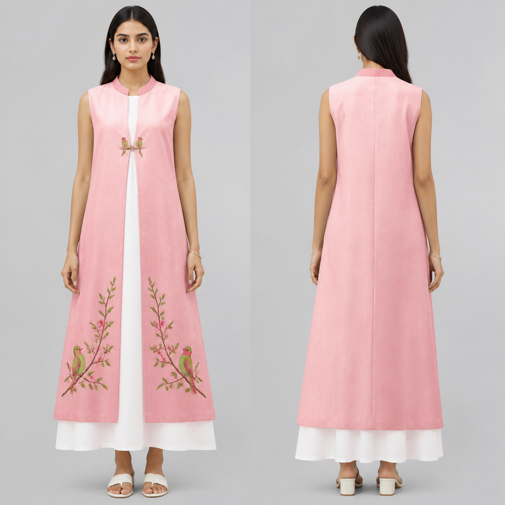 A Female Dress design, suitable for Summer. jama ta hibe pink and saba roner sada akta sairt thakbe tar opor sondor akta bato porjonto jama ar jamata hat hibe na cikon akgharer kase cikon akta boder thakbe sekhane tota pokie laga thakbe. Bangladesh fashion aesthetics.
photorealistic fashion design, A Female Dress design, suitable for Summer. jama ta hibe pink and saba roner sada akta sairt thakbe tar opor sondor akta bato porjonto jama ar jamata hat hibe na cikon akgharer kase cikon akta boder thakbe sekhane tota pokie laga thakbe. Bangladesh fashion aesthetics., just the design no text