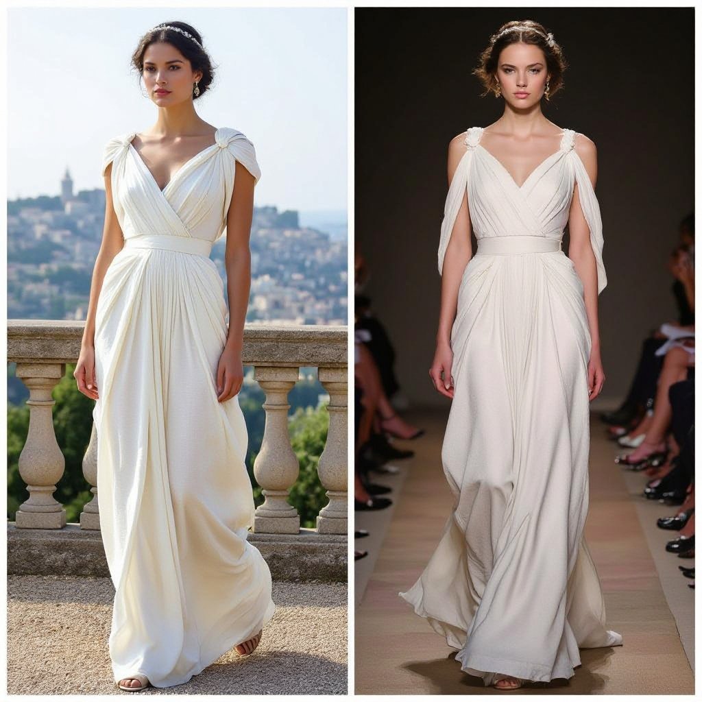 Roman era wedding dress
Vintage fashion: Roman era wedding dress, white linen, draped, empire waist, simple silhouette, flowing.