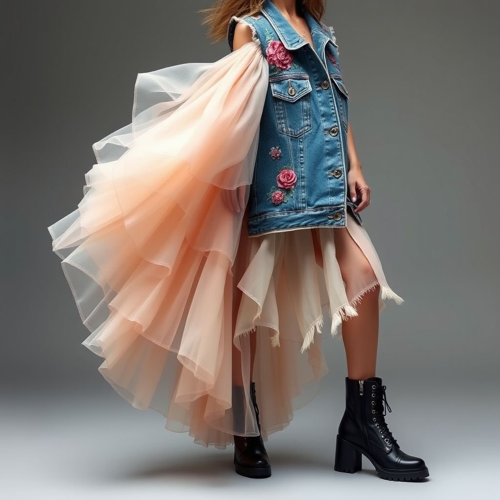 Vest denim witt organza skirt
Imagine a chic, oversized denim vest adorned with intricate embroidery, seamlessly paired with a flowing organza skirt in delicate pastel hues. The skirt features asymmetrical layers that shimmer with every movement, while the vest showcases sharp, structured lines with frayed edges. Complete the look with chunky ankle boots for an edgy twist.