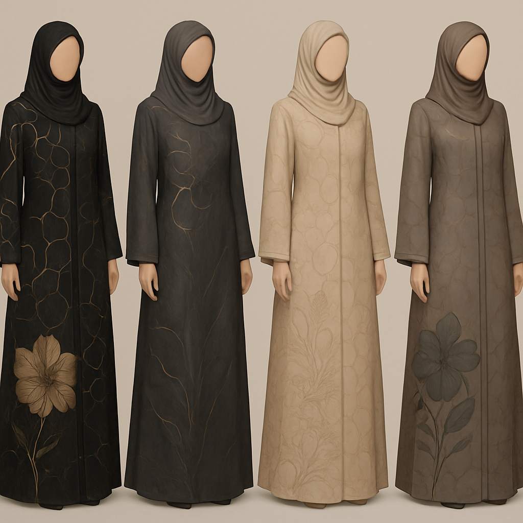 Create a modest abaya that's the first of its kind, featuring a unique stone design that exudes a classy and sophisticated vibe. I'd like four designs, each showcasing different styles and fabrics.Incorporate high-end, unique chic stone designs to make them truly special. And add little cute touch of sophisticated stone designs. Add huge flower and unique designs.
Create a modest abaya that's the first of its kind, featuring a unique stone design that exudes a classy and sophisticated vibe. I'd like four designs, each showcasing different styles and fabrics.Incorporate high-end, unique chic stone designs to make them truly special. And add little cute touch of sophisticated stone designs. Add huge flower and unique designs.