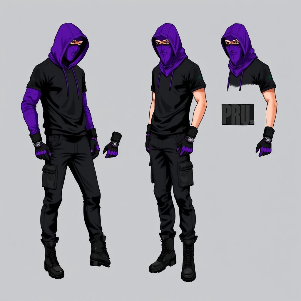 Purple hood. Purple and black balaclava. Black t shirt with purple sleeves. Black Cargo trousers. Black and purple gloves. Black boots.
Design an avant-garde military-inspired outfit featuring a striking purple hood with matching purple and black balaclava. The ensemble includes a sleek black T-shirt with bold purple sleeves, tactical black cargo trousers adorned with utility pockets, and combat-ready black and purple gloves. Finish the look with sturdy black boots for a commanding presence.