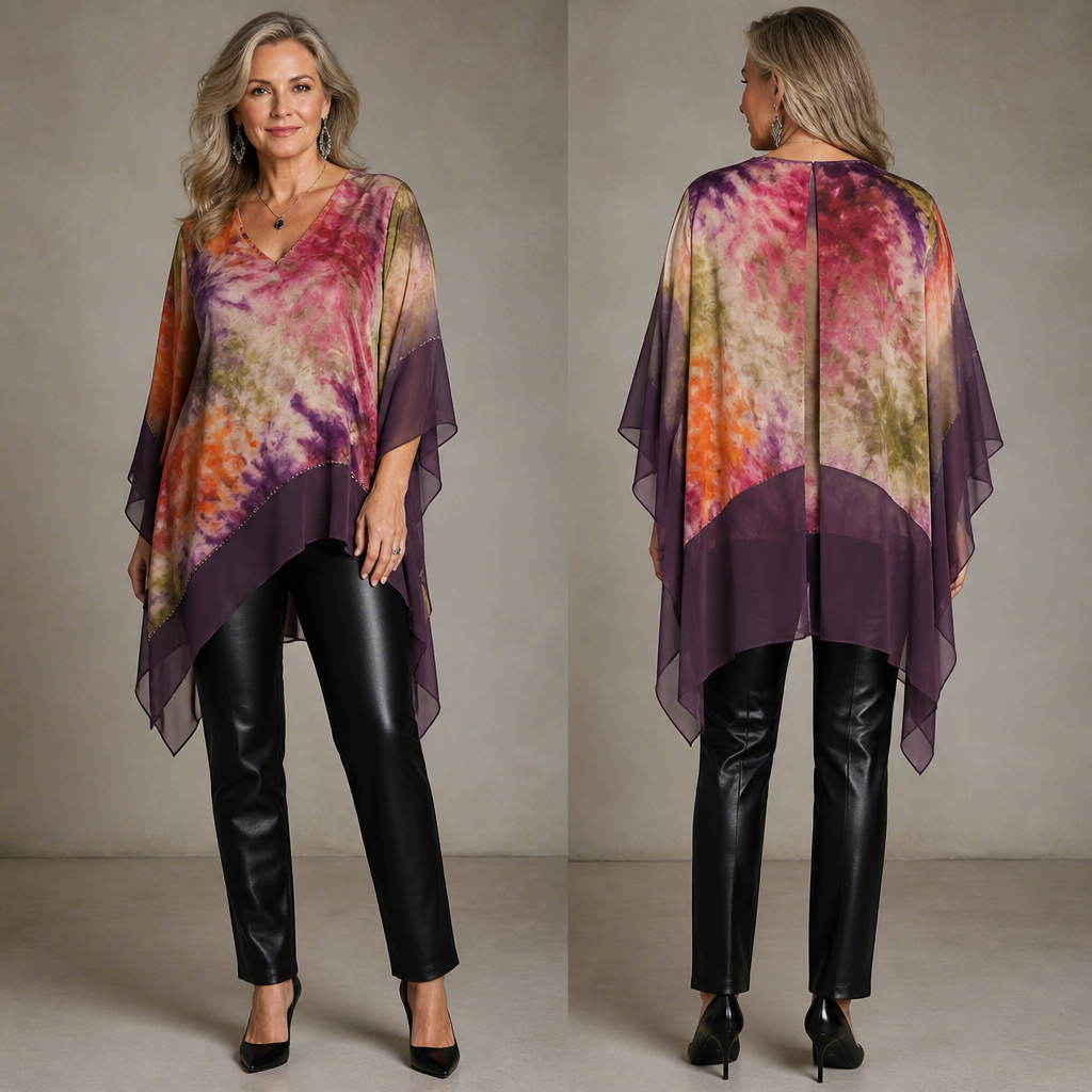 I want to create a fashionable colorful cotton tie and dye fabric and I want to mixed it with any color of chiffon fabric that can go on a black leather pant for women age 50 to 55, that will be good a party.
photorealistic fashion design, I want to create a fashionable colorful cotton tie and dye fabric and I want to mixed it with any color of chiffon fabric that can go on a black leather pant for women age 50 to 55, that will be good a party., classic style, just the design no text, show front and back