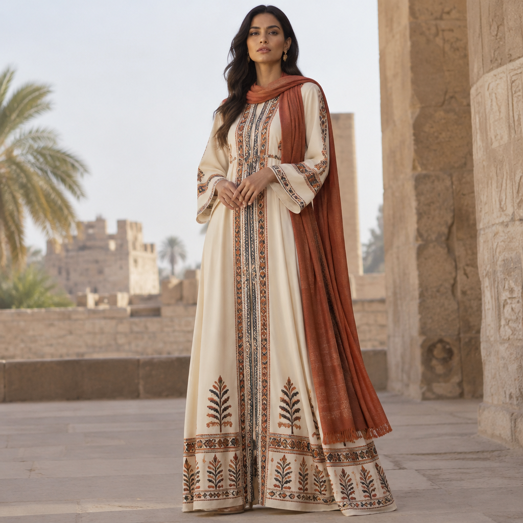A Female Dress design. Consider Egyptian fashion — flowing silhouettes, vibrant colors, cotton and linen traditions, modest yet elegant. Current season is Autumn in Egypt. Present it as professional fashion catalogue photography: the garment is the subject, shown full-length with editorial styling, neutral posing and tasteful, non-suggestive framing.
photorealistic fashion design, A Female Dress design. Consider Egyptian fashion — flowing silhouettes, vibrant colors, cotton and linen traditions, modest yet elegant. Current season is Autumn in Egypt. Present it as professional fashion catalogue photography: the garment is the subject, shown full-length with editorial styling, neutral posing and tasteful, non-suggestive framing., just the design no text