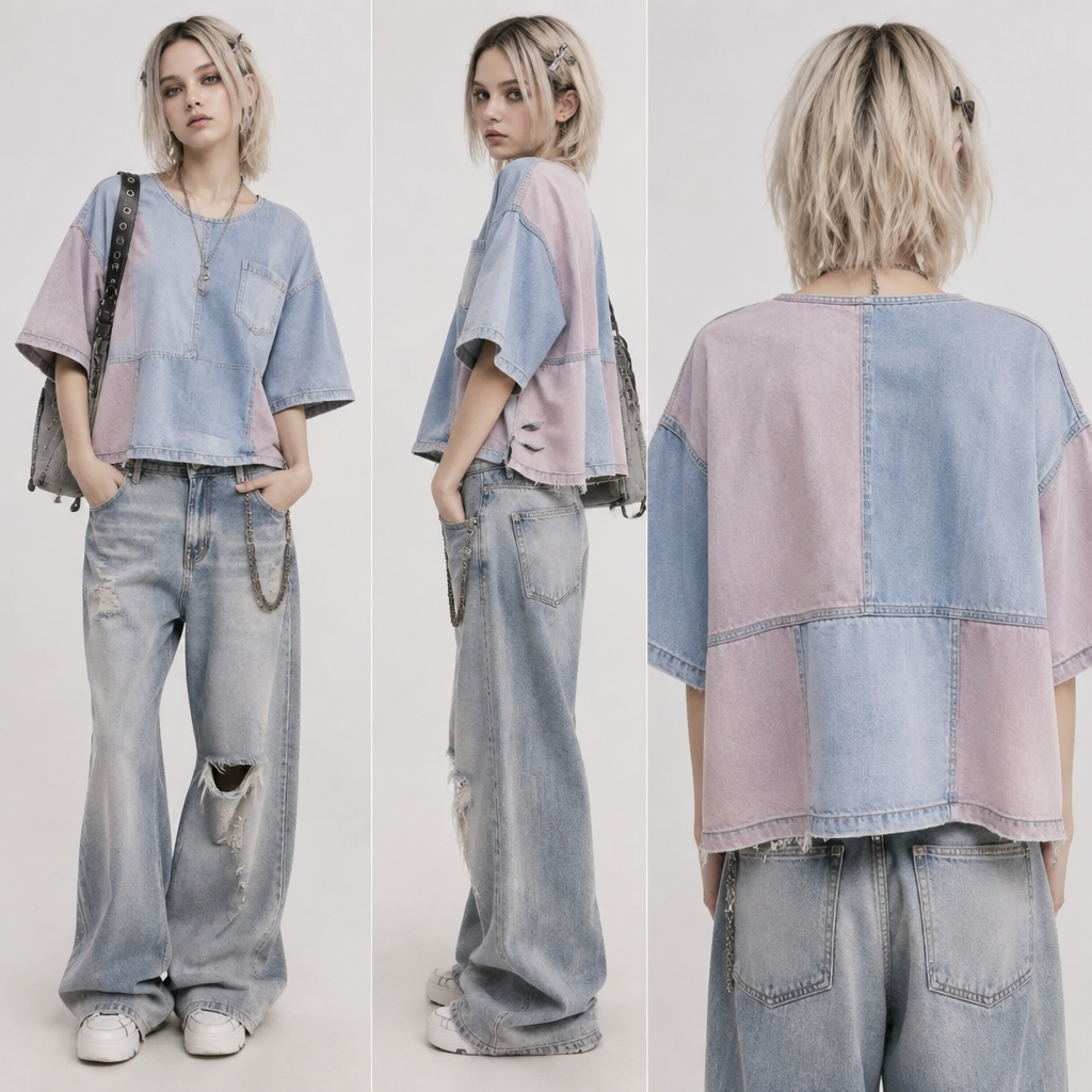 A Top design, made of Denim, with a sturdy, casual hand, with an Oversized silhouette, in a Pastels color palette, for Casual, in Y2K + Emo style, shown on a model with fair skin and a petite figure. Ukraine fashion aesthetics. Present it as professional fashion catalogue photography: the garment is the subject, shown full-length with editorial styling, neutral posing and tasteful, non-suggestive framing.
photorealistic fashion design, A Top design, made of Denim, with a sturdy, casual hand, with an Oversized silhouette, in a Pastels color palette, for Casual, in Y2K + Emo style, shown on a model with fair skin and a petite figure. Ukraine fashion aesthetics. Present it as professional fashion catalogue photography: the garment is the subject, shown full-length with editorial styling, neutral posing and tasteful, non-suggestive framing., y2k style, just the design no text