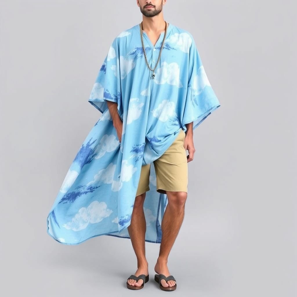 summer boho man blue colors poncho which is handpainted of sky
Design a vibrant summer boho poncho for men, crafted from lightweight, breathable fabric in soothing shades of blue. Hand-painted with whimsical cloud motifs and delicate watercolor skies, it flows effortlessly with an oversized silhouette. Pair it with loose linen shorts and woven sandals for an effortlessly chic, carefree vibe perfect for sunny days.