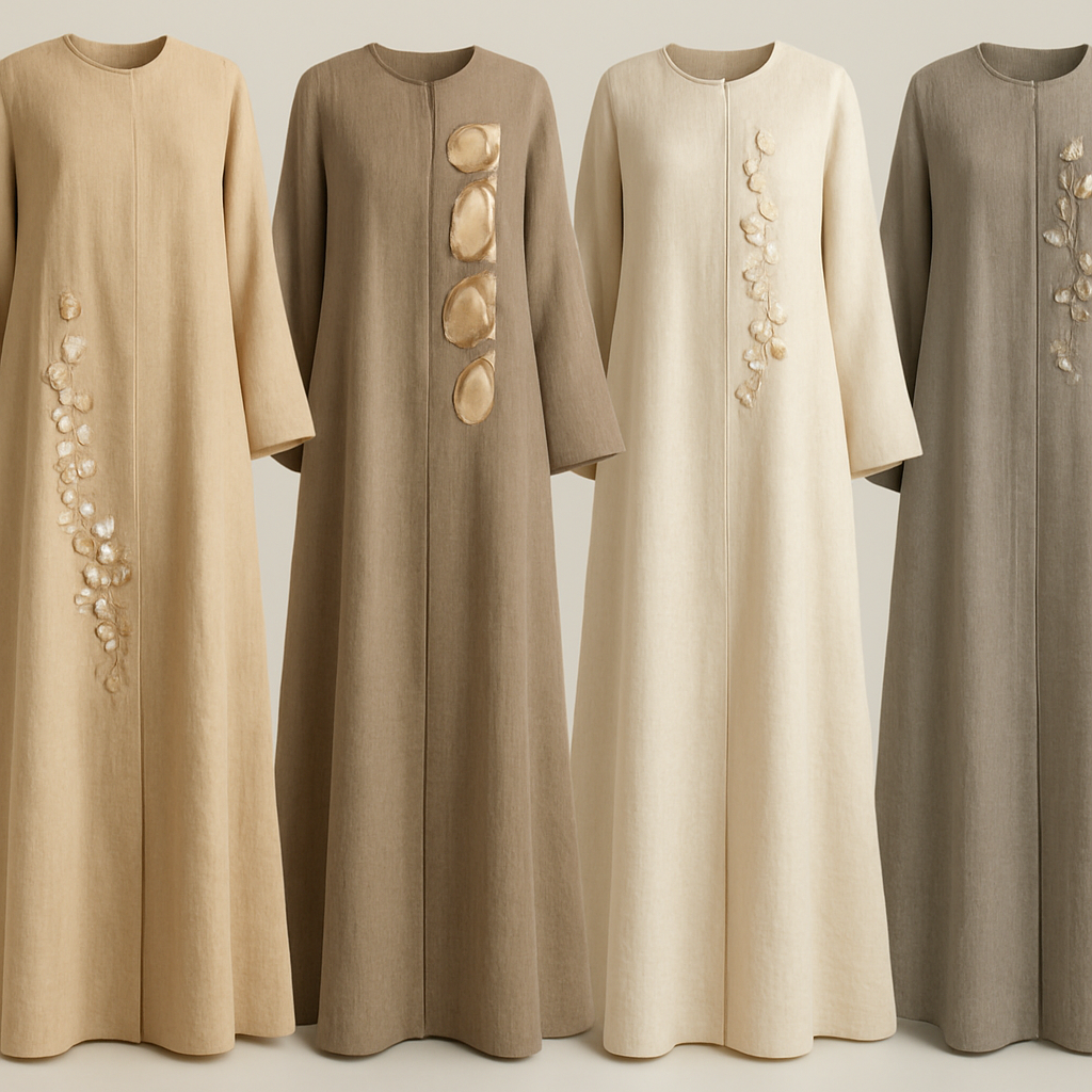 Create a modest two-piece linen abaya, the first of its kind, featuring a unique stone design that exudes a classy and sophisticated vibe. I'd like four designs, each showcasing different styles and fabrics. Incorporate high-end, unique chic stone designs to make them truly special. Add little sophisticated stone designs.

Create a modest two-piece linen abaya, the first of its kind, featuring a unique stone design that exudes a classy and sophisticated vibe. I'd like four designs, each showcasing different styles and fabrics. Incorporate high-end, unique chic stone designs to make them truly special. Add little sophisticated stone designs.