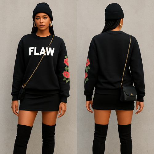Black Sweater shirt with Flaw on it in white with pretty flowers on one sleeve short skirt thigh high boots gold chain corn rows black crossbody purse gold chain with skirt gold earrings and bracelet leg gold rings black beanie 
