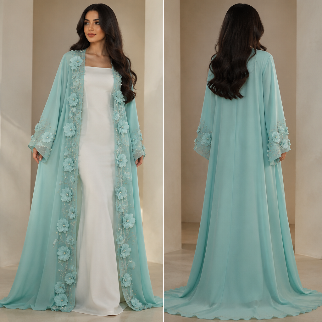 Erstelle mir eine Tiffany blaue abaya die vorne offenen ist und vorne 3D Blumen hat mit Perlen dran das Mädchen soll ein enges weißes Kleid drunter tragen mit offenen Haaren
photorealistic fashion design, Erstelle mir eine Tiffany blaue abaya die vorne offenen ist und vorne 3D Blumen hat mit Perlen dran das Mädchen soll ein enges weißes Kleid drunter tragen mit offenen Haaren , just the design no text, show front and back