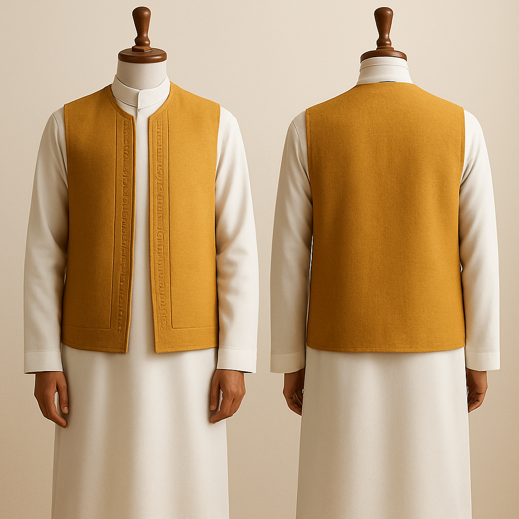 ‏Lookbook Shot — marketing image  
‏"Lookbook product shot: sleeveless hip-length sedri over a traditional white Saudi thawb on a luxurious wooden mannequin, warm balanced tones, soft shadows, visible front embroidery detail, small empty area reserved for logo text on the image, clean elegant studio, full-frontal composition, realistic and polished --ar 2:3 --v 5 --q 2"


‏Lookbook Shot — marketing image  
‏"Lookbook product shot: sleeveless hip-length sedri over a traditional white Saudi thawb on a luxurious wooden mannequin, warm balanced tones, soft shadows, visible front embroidery detail, small empty area reserved for logo text on the image, clean elegant studio, full-frontal composition, realistic and polished --ar 2:3 --v 5 --q 2"
, show front and back