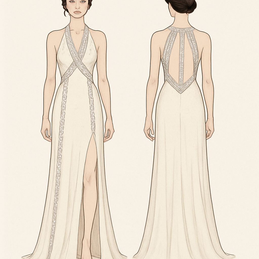 I want to design a dress that has an open back and a leg split with stripes of diamonds in the open back and that kind of has an x in the front that is big and also has diamonds
I want to design a dress that has an open back and a leg split with stripes of diamonds in the open back and that kind of has an x in the front that is big and also has diamonds, show front and back