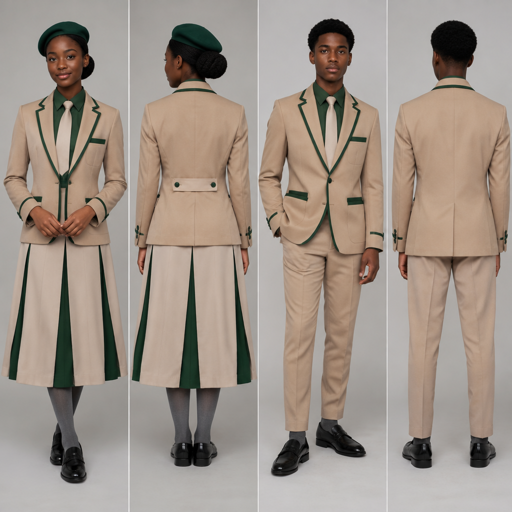 photorealistic fashion design, photorealistic fashion design, Design a light brown blazer with green accents for both male and female. Light brown arms .No writings on the blazer . Use black teenagers as models. show back and front face.
A fit and flare dress top half green and bottom half light brown,covering chest area,almost reaching ankles. Green barrett, light brown tie and grey socks for the female.
A light brown relaxed trouser reaching ankles. Green shirt,light brown tie and grey socks for the male.
Nice black school shoes for both. Both must be wearing blazer.. Design with modest coverage. Present it as professional fashion catalogue photography: the garment is the subject, shown full-length with editorial styling, neutral posing and tasteful, non-suggestive framing., just the design no text, show front and back. Refinement: bit more accents , just the design no text. Refinement: not on the dress
photorealistic fashion design, photorealistic fashion design, photorealistic fashion design, Design a light brown blazer with green accents for both male and female. Light brown arms .No writings on the blazer . Use black teenagers as models. show back and front face.
A fit and flare dress top half green and bottom half light brown,covering chest area,almost reaching ankles. Green barrett, light brown tie and grey socks for the female.
A light brown relaxed trouser reaching ankles. Green shirt,light brown tie and grey socks for the male.
Nice black school shoes for both. Both must be wearing blazer.. Design with modest coverage. Present it as professional fashion catalogue photography: the garment is the subject, shown full-length with editorial styling, neutral posing and tasteful, non-suggestive framing., just the design no text, show front and back. Refinement: bit more accents , just the design no text. Refinement: not on the dress , just the design no text