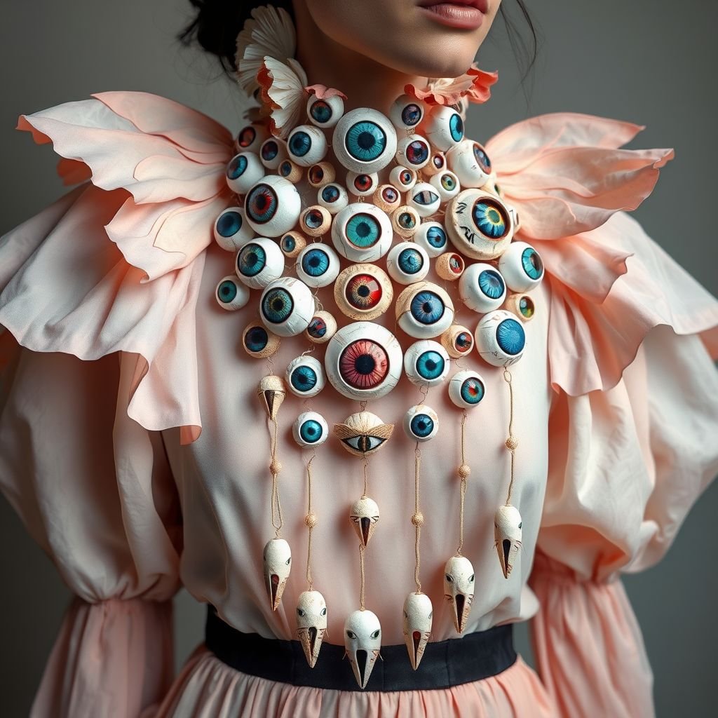 Papier-mâché necklaces with full of eyes
Imagine avant-garde fashion steeped in surrealism: intricate papier-mâché necklaces adorned with an array of painted eyes, each brimming with emotion. These sculptural pieces dangle from flowing, ethereal garments. The clothing features soft, pastel hues, with oversized, whimsical sleeves, harmonizing with the avant-garde jewelry to create an otherworldly, dreamlike ensemble.