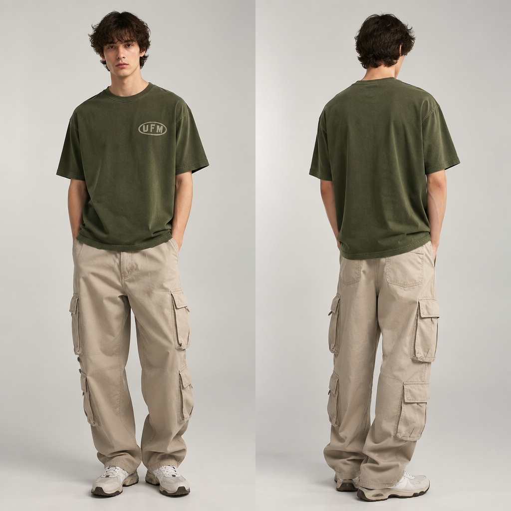 T shirt oily green with (U F M) logo and Beige Cargo pants
photorealistic fashion design, T shirt oily green with (U F M) logo and Beige Cargo pants
, gen_z style, just the design no text, show front and back