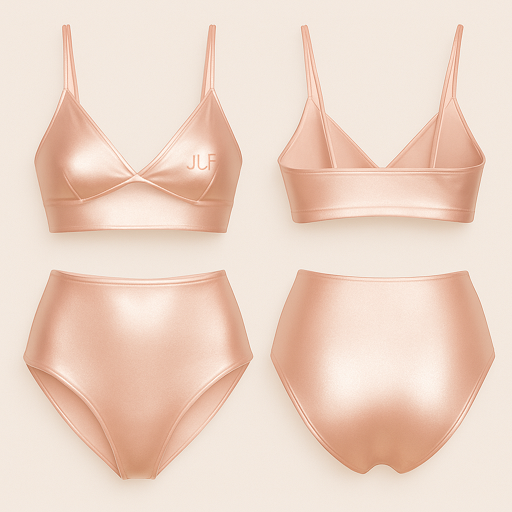 Gloss satin two piece swimsuit with a Molten Gold soft pink color with logo JLF



Gloss satin two piece swimsuit with a Molten Gold soft pink color with logo JLF

, show front and back