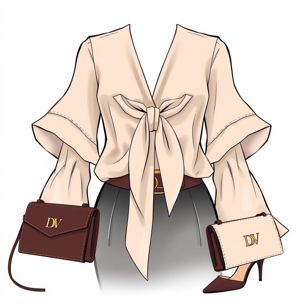 Women's Double-Layer flare Sleeve Tie-Front Blouse, with a belt around waist that says “DV” and “DV” on tag inside shirt. With heels on that has “DV” on bottom and a purse with DV on it to match the skirt and heels
Design an exquisite women’s double-layer flare sleeve blouse with a graceful tie-front feature, highlighted by a luxurious fabric drape. An elegant belt cinches the waist, adorned with a refined “DV” logo. Subtle stitching carries through to chic heels and a matching purse, each showcasing the “DV” emblem for cohesive sophistication.